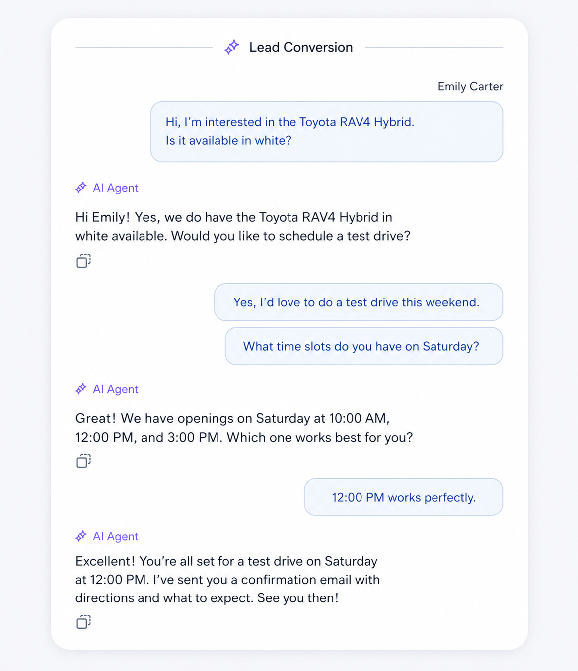 Flowkei Line Lead Conversion chat — AI agent helping a customer book a test drive