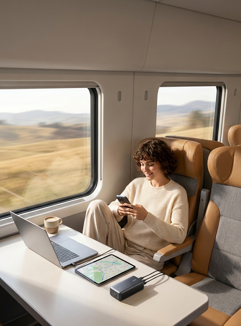 Founder traveling by train, checking calls handled by AI