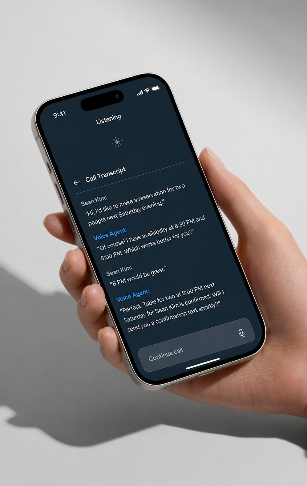 Flowkei Line AI voice agent listening on a phone, showing a live call transcript